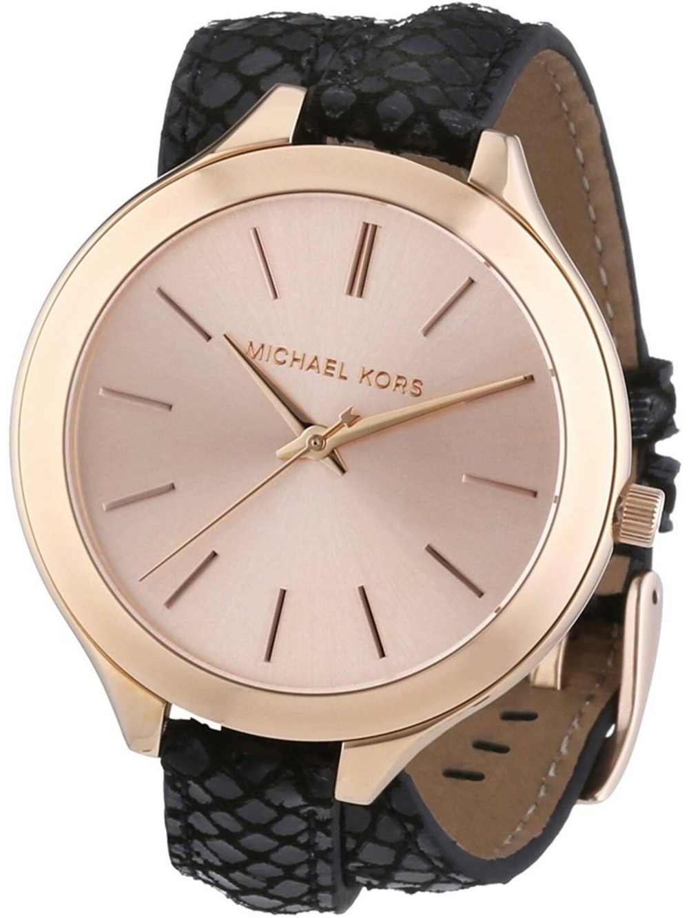 Michael Kors Rose Gold Dial Black Textured Leather Strap Watch